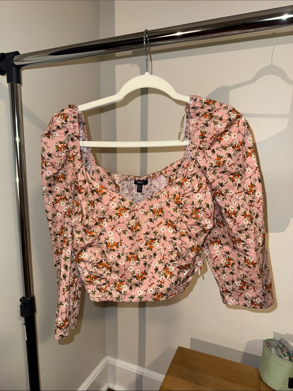 NAF NAF Pink Floral Puff Sleeve Crop Top